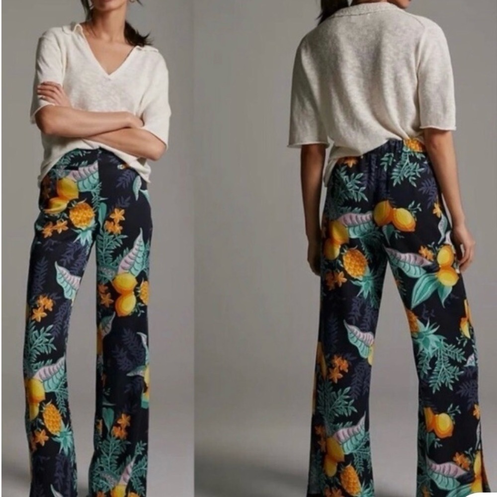 Anthropologie Black Floral Wide-Leg Pants